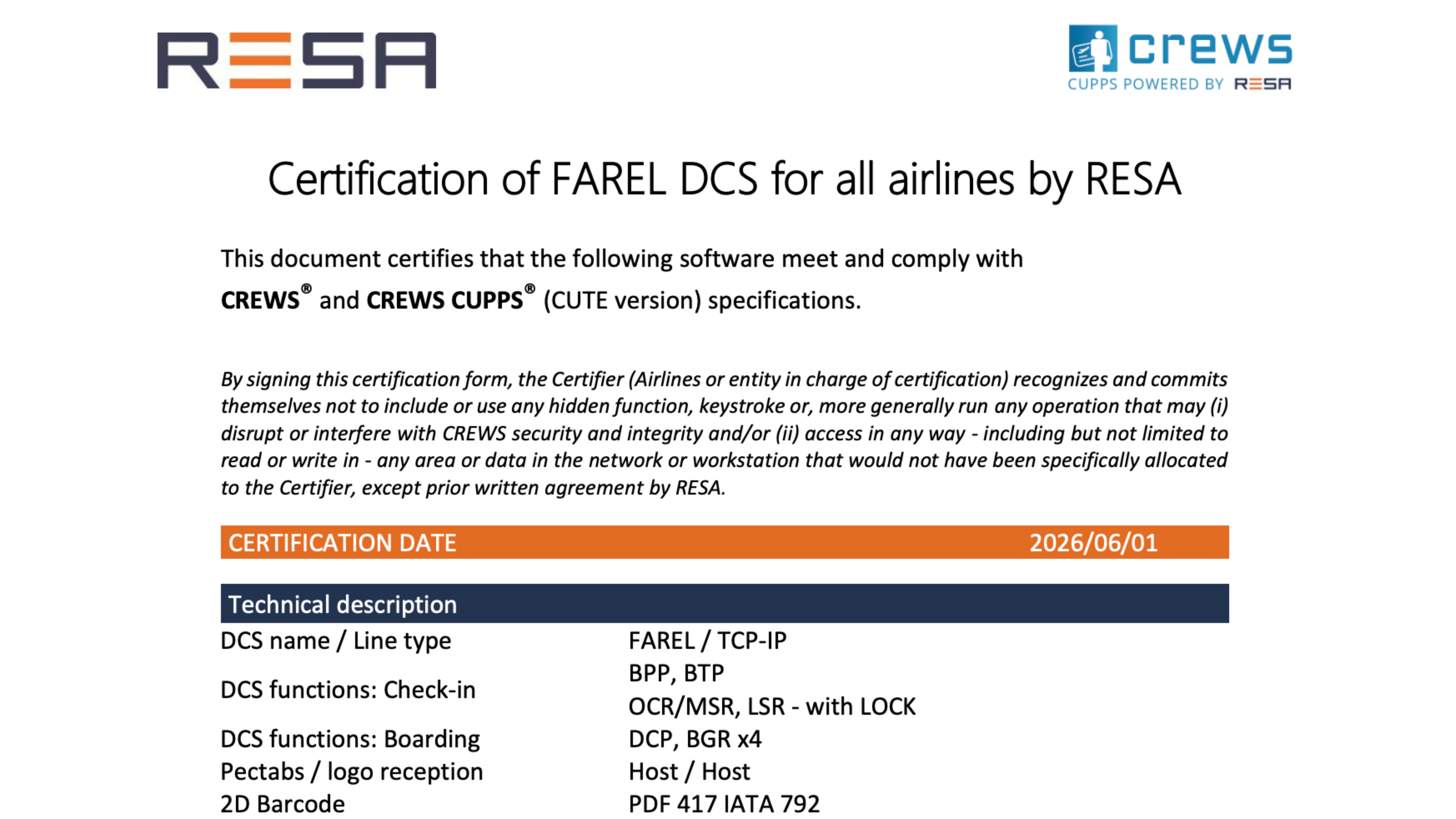 RESA certificate confirming Farel's DCS complies with CREWS and CREWS CUPPS (CUTE) specifications, dated 1 June 2026.