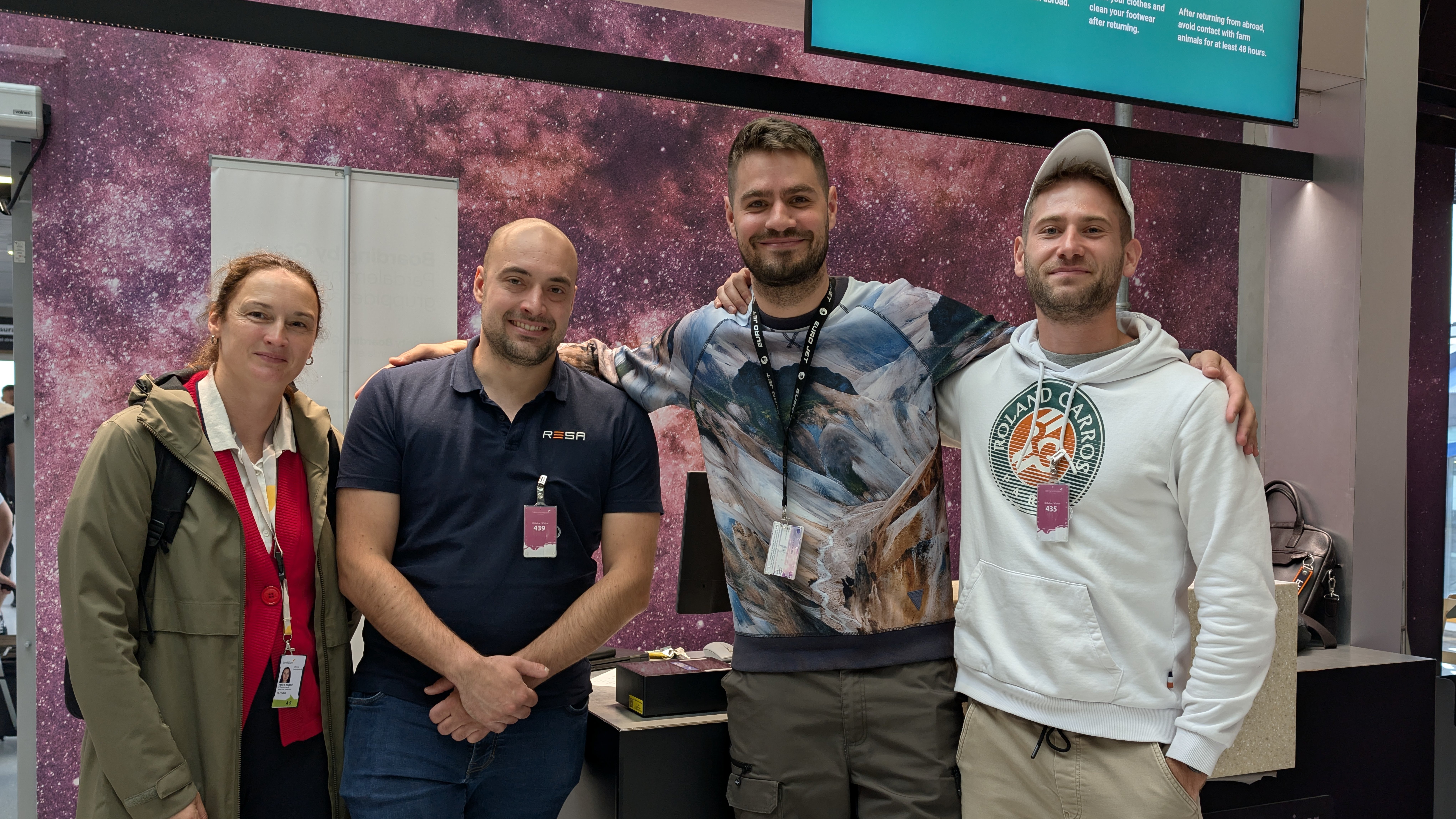 The Farel team with Tallinn Airport's ground-handling lead and a RESA engineer at the boarding gate after the live airport validation.
