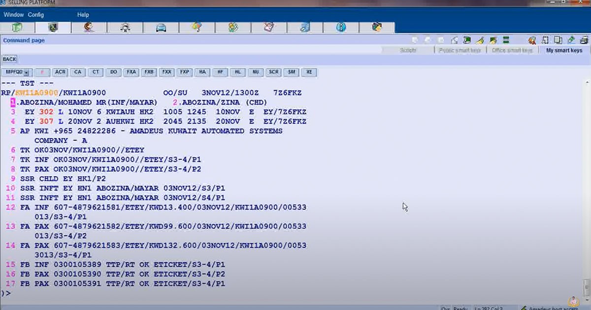 Screenshot of a legacy airline reservation system showing a dense command-line interface