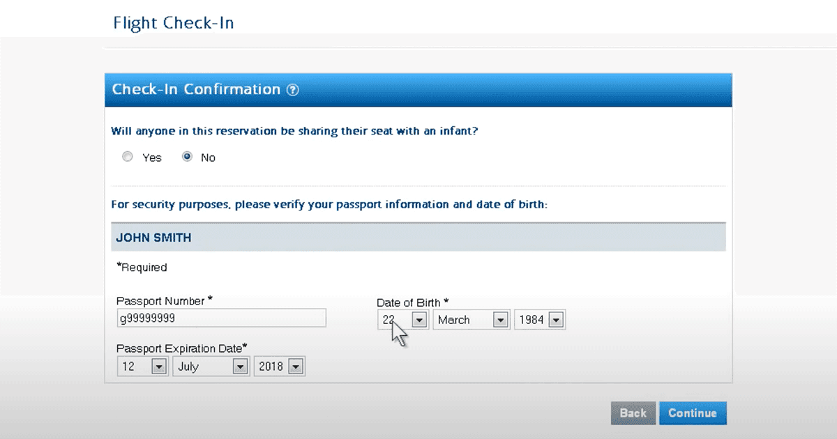 Outdated airline check-in web form asking for passport number and date of birth