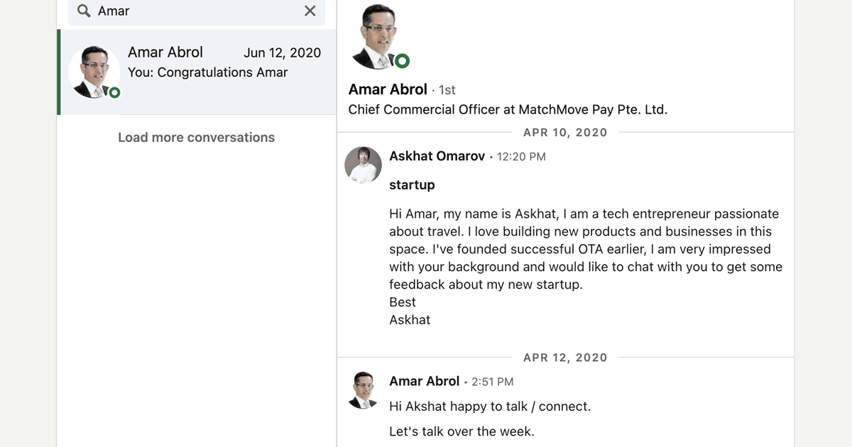 LinkedIn message exchange where Askhat introduces Farel to Amar Abrol and gets a positive reply