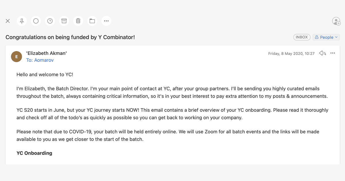Y Combinator welcome email confirming Farel's acceptance into the S20 batch
