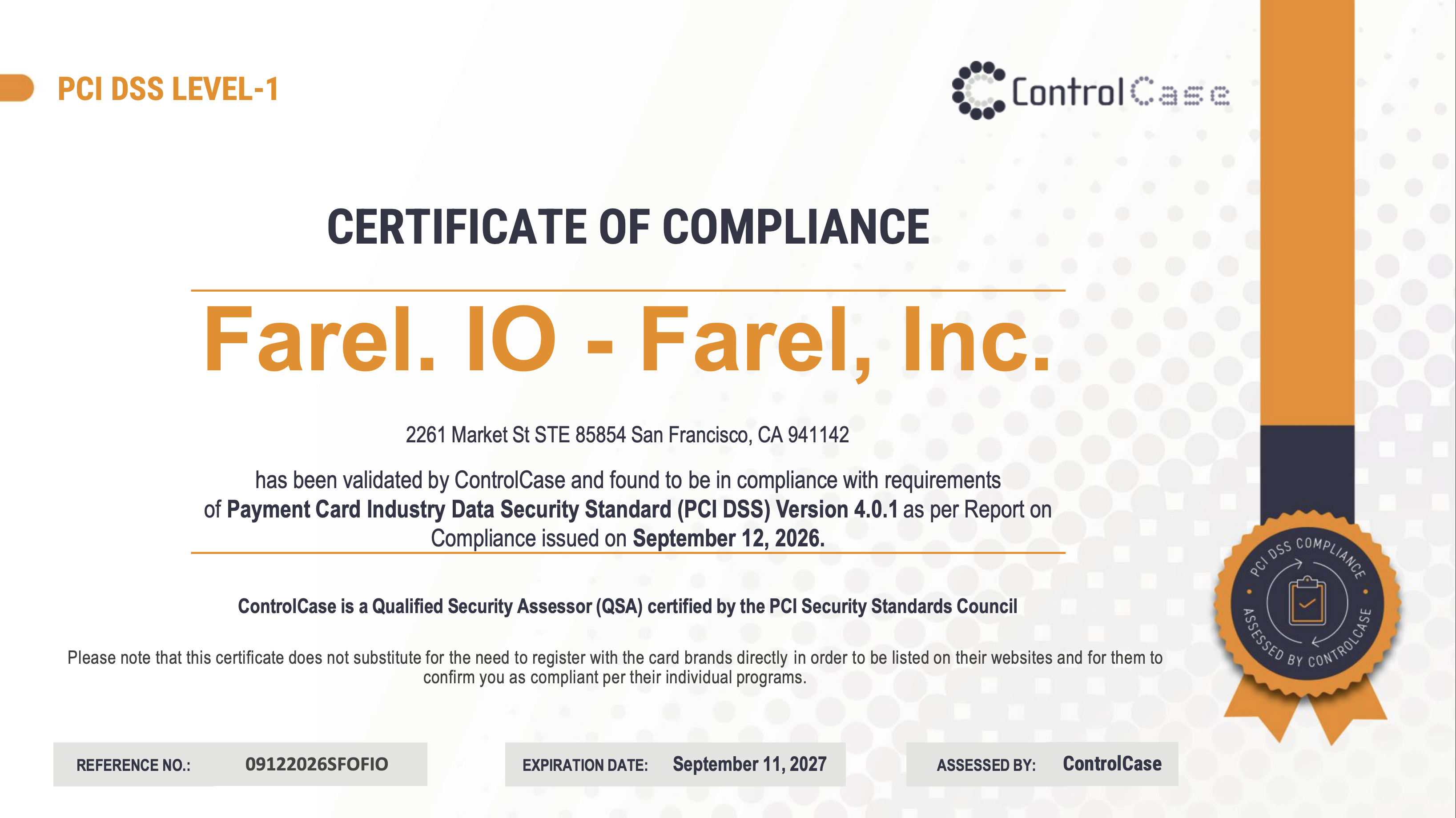 Farel's PCI DSS Level 1 certificate of compliance for version 4.0.1, issued by ControlCase on 12 September 2026 and valid to 11 September 2027.