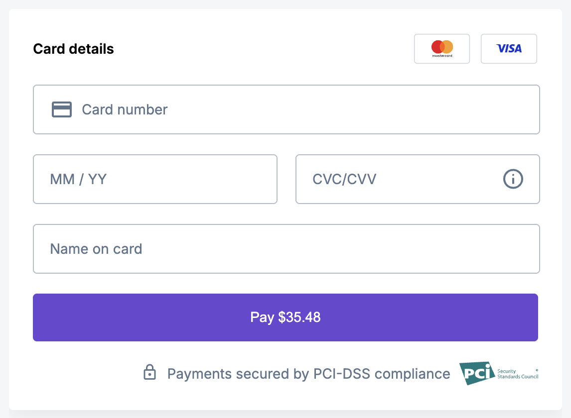Farel's card payment form embedded in the booking details page, with card number, expiry, CVC and name fields and a PCI DSS compliance badge under the pay button.