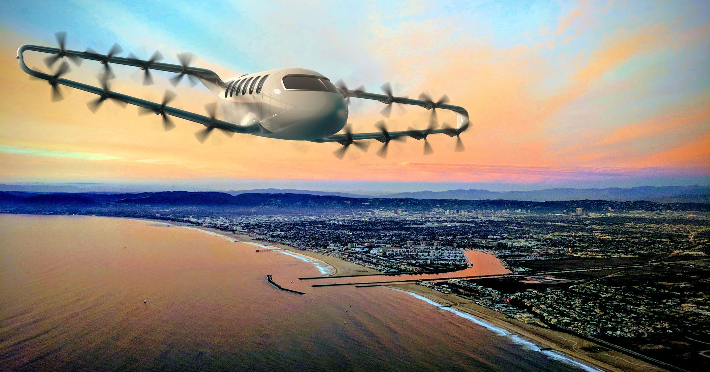 Concept render of an electric short-haul aircraft cruising over a coastline